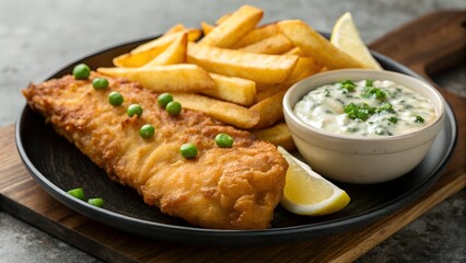 Crispy battered fish and chips with tartar sauce and peas