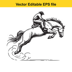 Obraz premium Cowboy riding a horse jumping, isolated on white background