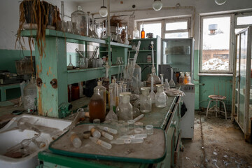 Old Ruined Abandoned Agricultural Farming and Animal Research Laboratory with Equipment