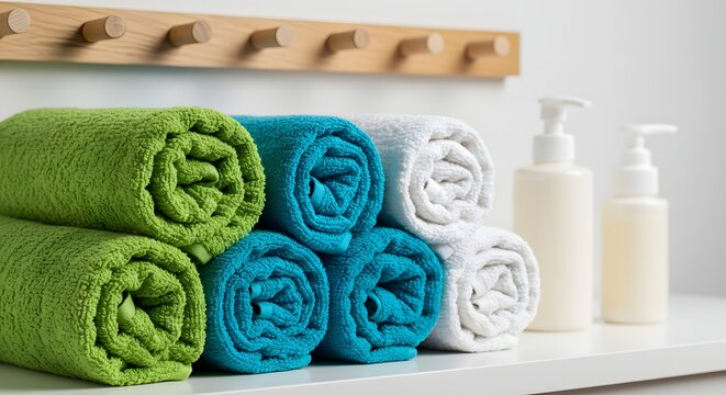 neatly rolled towels, bathroom hygiene and spa concept
