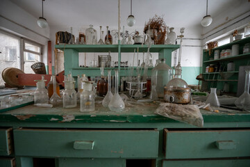 Old Ruined Abandoned Agricultural Farming and Animal Research Laboratory with Equipment