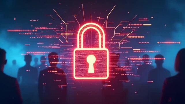 Digital security concept with glowing padlock and silhouettes of people in background. Emotional waves and dynamic patterns represent technology trends in data protection.