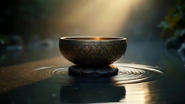 Tibetan singing bowl with water reflecting light and creating ripples in serene setting. Tibetan singing bowl emphasizes relaxation and meditation,