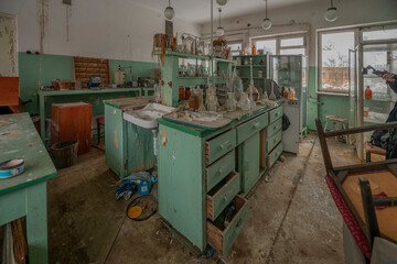 Old Ruined Abandoned Agricultural Farming and Animal Research Laboratory with Equipment