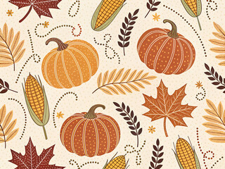 Seamless autumn harvest pattern with pumpkins corn and maple leaves