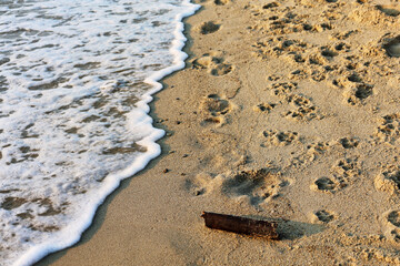 Ocean wave washing footprints on sandy beach in St Tropez, France, travel concept for summer vacation and nature inspiration, Saint Tropez, France, August, 16, 2025