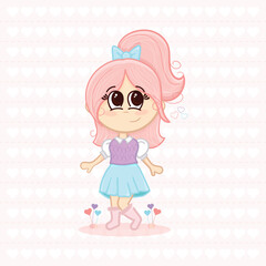 Cute Girl Character cartoon pastel colors pink hair