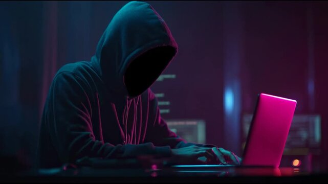 Hacker in hood dark attire focuses on programming amid rows of blinking machines, conveying cybersecurity tension.