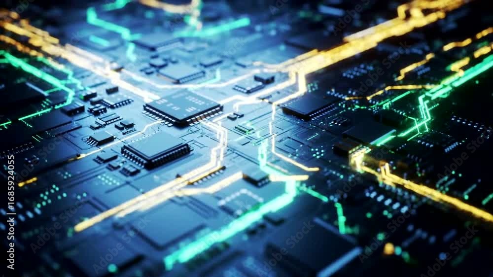 Poster intricate digital circuitry with glowing lights and microchips showcases the future of technology an