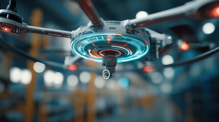 A detailed closeup of a drones sensors and scanning equipment accentuating the advanced technology utilized for precision counting and data collection in inventory cycles.