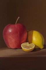 Still life with apple and lemon on dark background