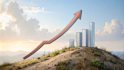 Upward trending graph on hill against a sky of clouds at sunset