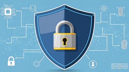 Vector illustration of a blue shield with a padlock in the center, surrounded by security-related icons on a light blue background