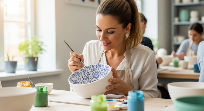 Caucasian female adult painting ceramic bowl in art class setting - Powered by Adobe