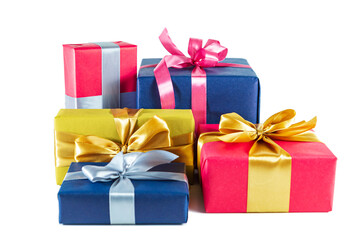 Elegant blue, gold and pink gift boxes with bows isolated on white background.