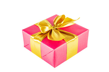 Elegant pink gift box with golden bow on white background.