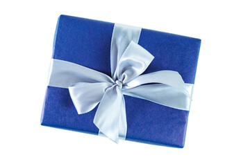 Elegant blue gift box with silver bow isolated on white background.