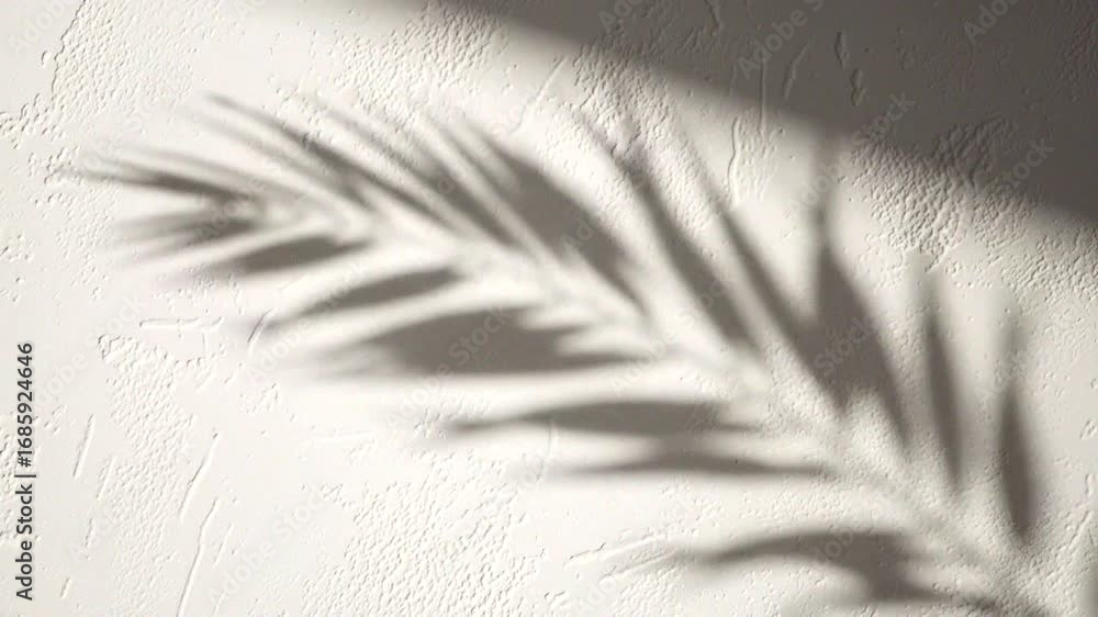 Poster soft palm leaves cast gentle shadows on a textured wall, creating a serene and artistic atmosphere.