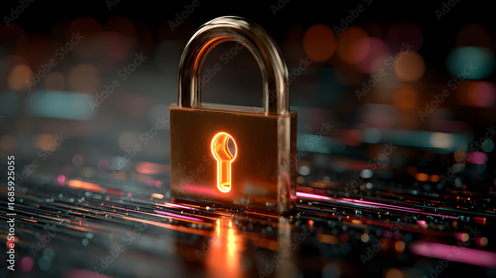 Poster a glowing padlock surrounded by vibrant digital datastreams, symbolizing cyberecurity and data prote