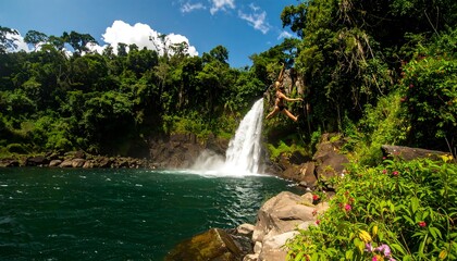 Person cliff jumping waterfall jungle