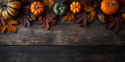 Autumn corner border banner of pumpkins, gourds and fall decor on a rustic wood background with copy space