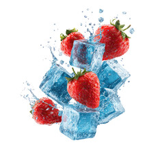 Fresh strawberries in ice cubes, splashing water