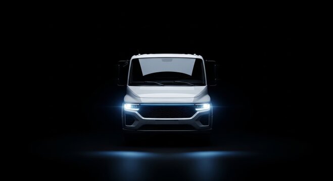 Sleek white electric van with headlights illuminated in dark setting
