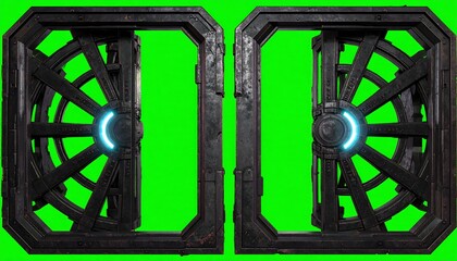 Two futuristic, ornate doors on a green screen