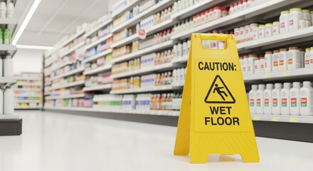 Yellow wet floor caution sign in grocery store aisle for safety awareness