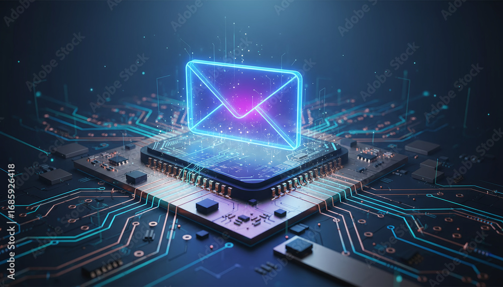 Poster high-tech glowing envelope email interface in dark background, digital security access panel, sci-fi