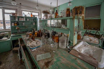 Old Ruined Abandoned Agricultural Farming and Animal Research Laboratory with Equipment