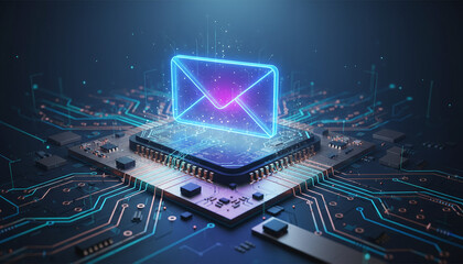 high-tech glowing envelope email interface in dark background, digital security access panel, sci-fi design