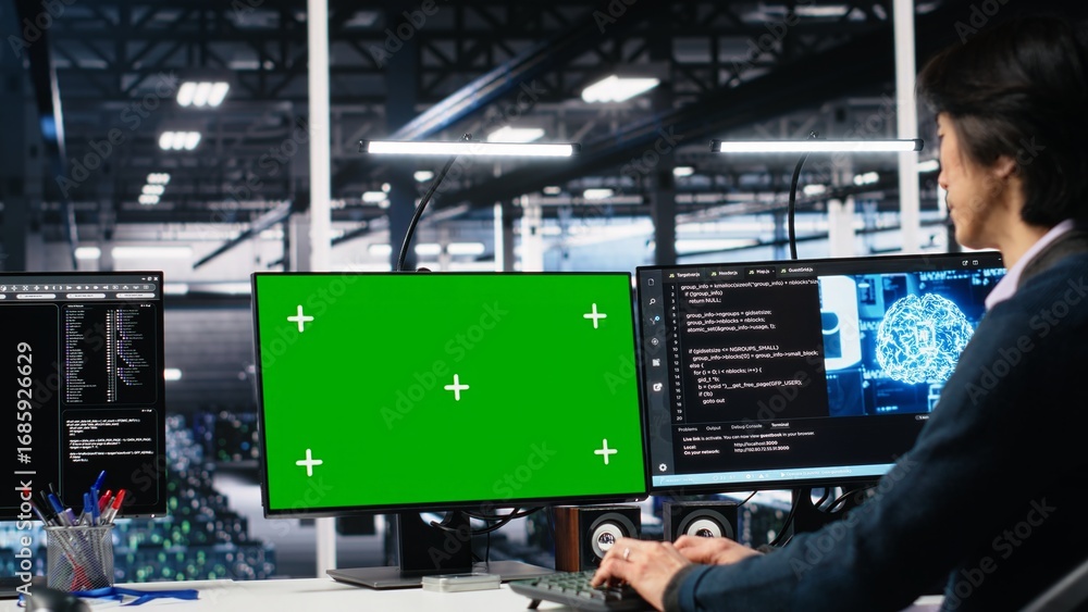 Poster technician in data center coding with generative ai assistance on green screen pc. it specialist lev