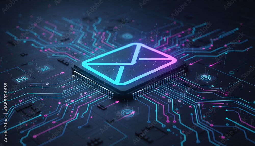 Poster high-tech glowing envelope email interface in dark background, digital security access panel, sci-fi