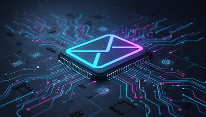 high-tech glowing envelope email interface in dark background, digital security access panel, sci-fi design