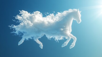 Realistic horse-shaped cloud drifting in a vibrant blue sky, with crisp airy appearance, intricate details, and sunshine creating subtle glows.