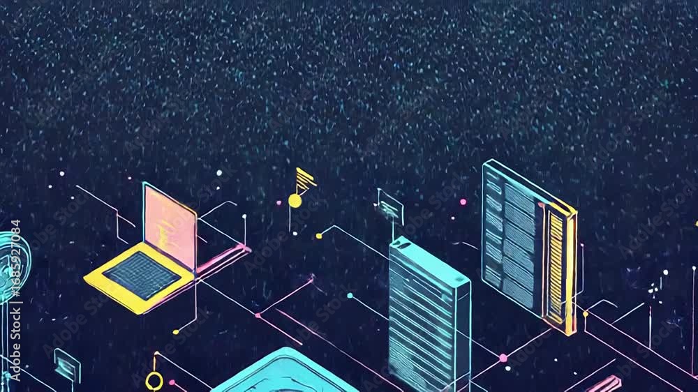 Poster futuristic isometric server network connecting digital devices and data centers