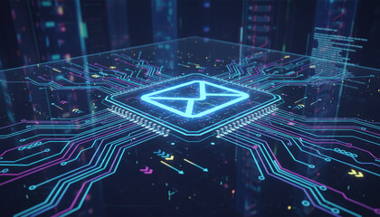 high-tech glowing envelope email interface in dark background, digital security access panel, sci-fi design