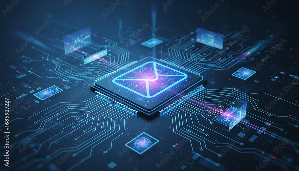 Poster high-tech glowing envelope email interface in dark background, digital security access panel, sci-fi