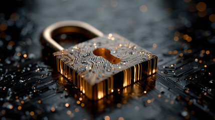 Cyber security concept featuring illuminated padlockwith circuit board design or protection