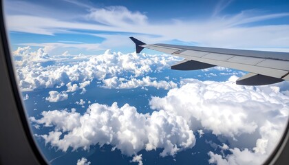 Airplane window view of clouds and sky