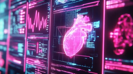 Futuristic interface showing rotating anatomical heart and medical data analysis - Powered by Adobe