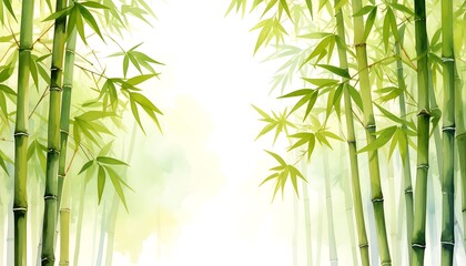 A serene and peaceful watercolor illustration showcases a cluster of vibrant green bamboo stalks, emphasizing the lush foliage and delicate details.