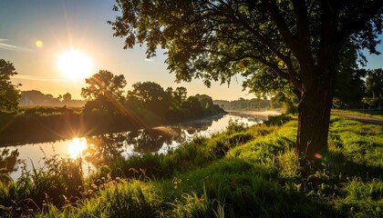 Tranquil river sunrise landscape