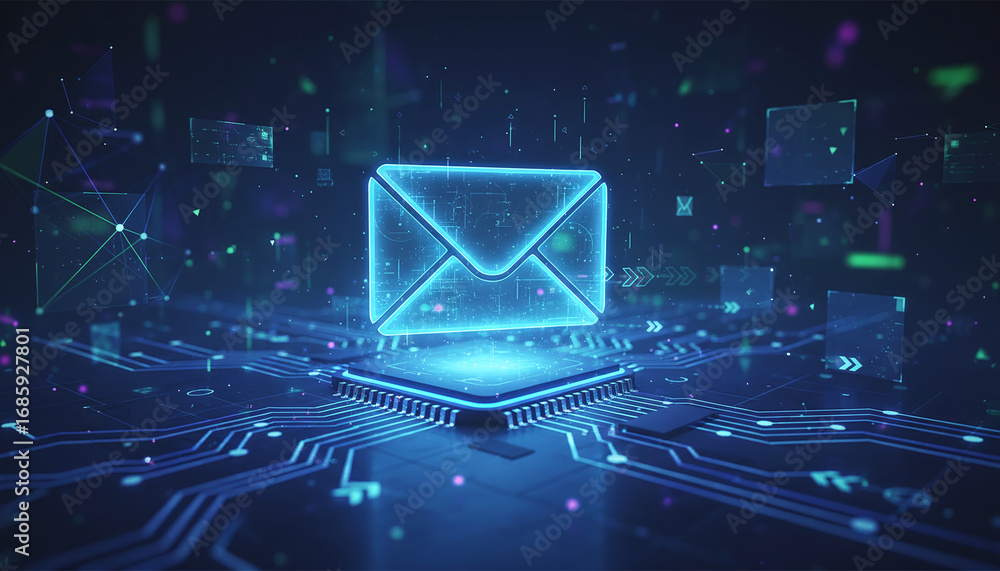 Poster high-tech glowing envelope email interface in dark background, digital security access panel, sci-fi