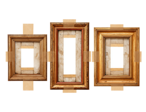 Three antique-style picture frames, vertically aligned, with blank white interiors.