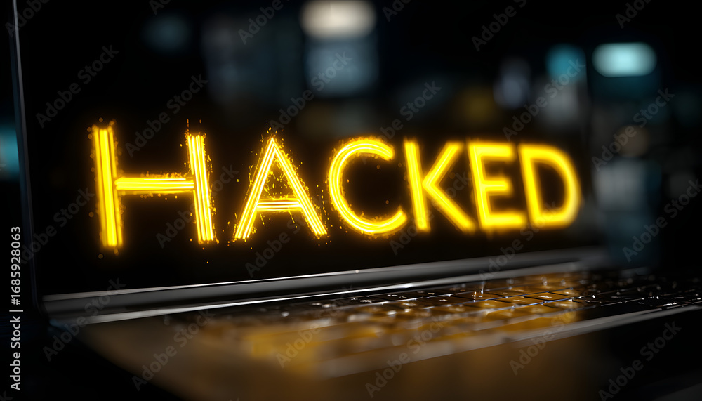 Poster system hacked warning alert on laptop computer. cybe attack on computer networ, virus, spyware, malw