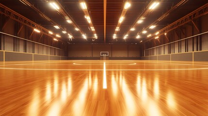 A spacious and well-lit indoor basketball court with polished wooden flooring. The court is ready for action, showcasing an inviting environment for players and spectators alike.