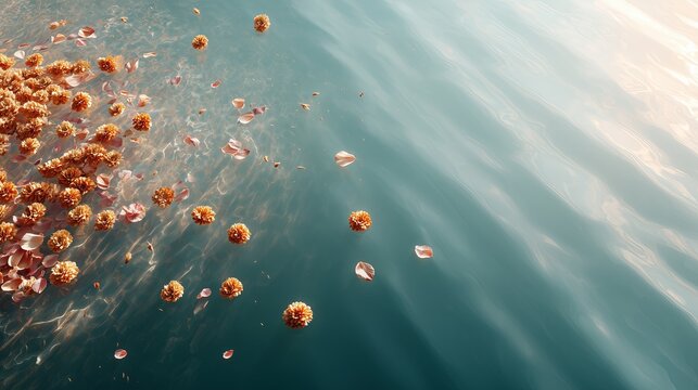 Marigold flower petals floating on the water. Pitru Paksha. Indian culture