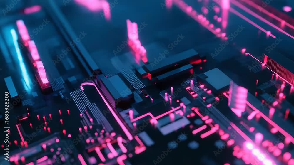 Poster quantum computing processor sending data through futuristic motherboard circuitry
